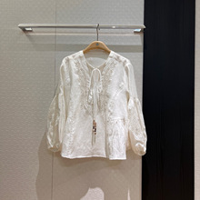 深圳南油新款法式时尚仙气欧根纱拼接蕾丝刺绣宽松灯笼袖亚麻衬衫