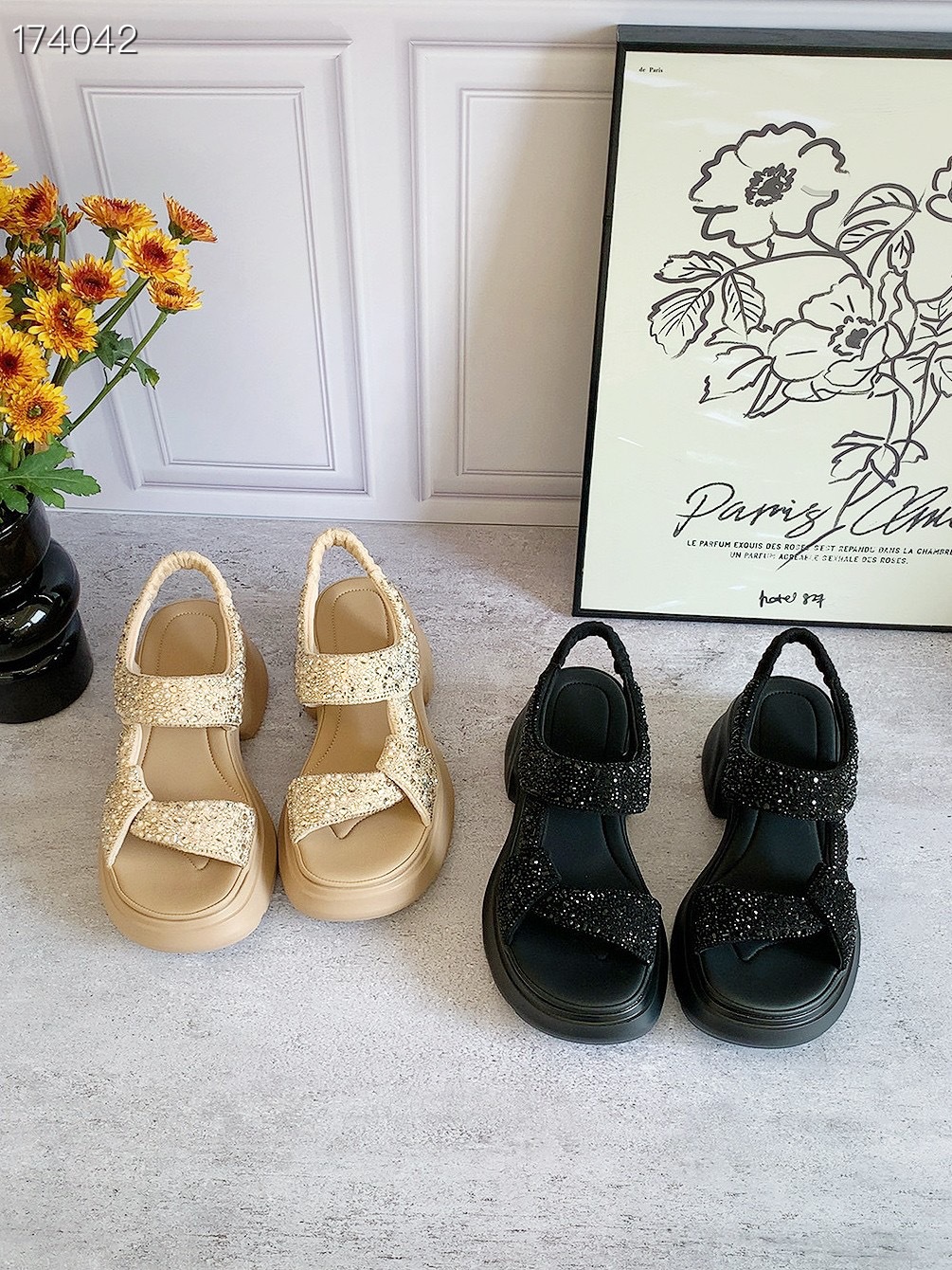 Dép sandal thể thao nữ đế dày tăng chiều cao phong cách Pháp — Màu đen, vàng chi tiết 8