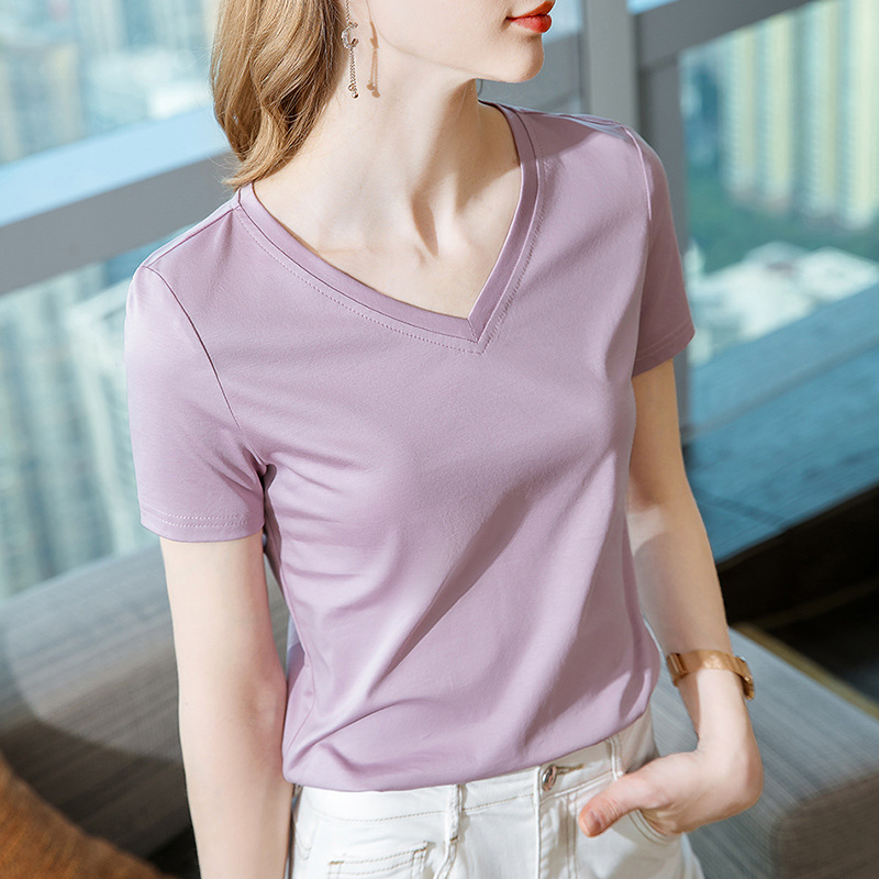 アイスフィールシルケットコットン半袖 Tシャツ女性のための 2025 新しい女性の気質 V ネック純綿 Tシャツ無地ハイエンドトップ|undefined