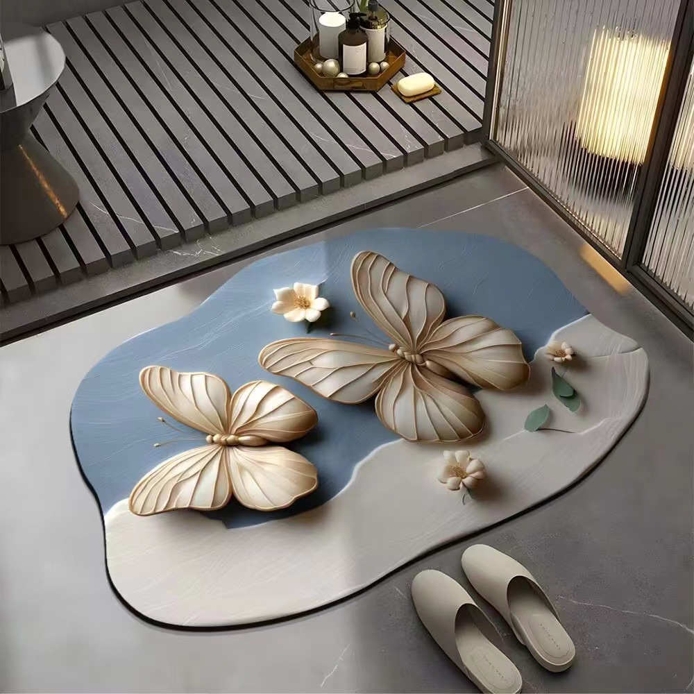 Visual 3D Flower Butterfly Diatom Mud Floor Mat Home Bathroom Non-Slip Absorbent Foot Mat Entrance Easy Care Foot Mat