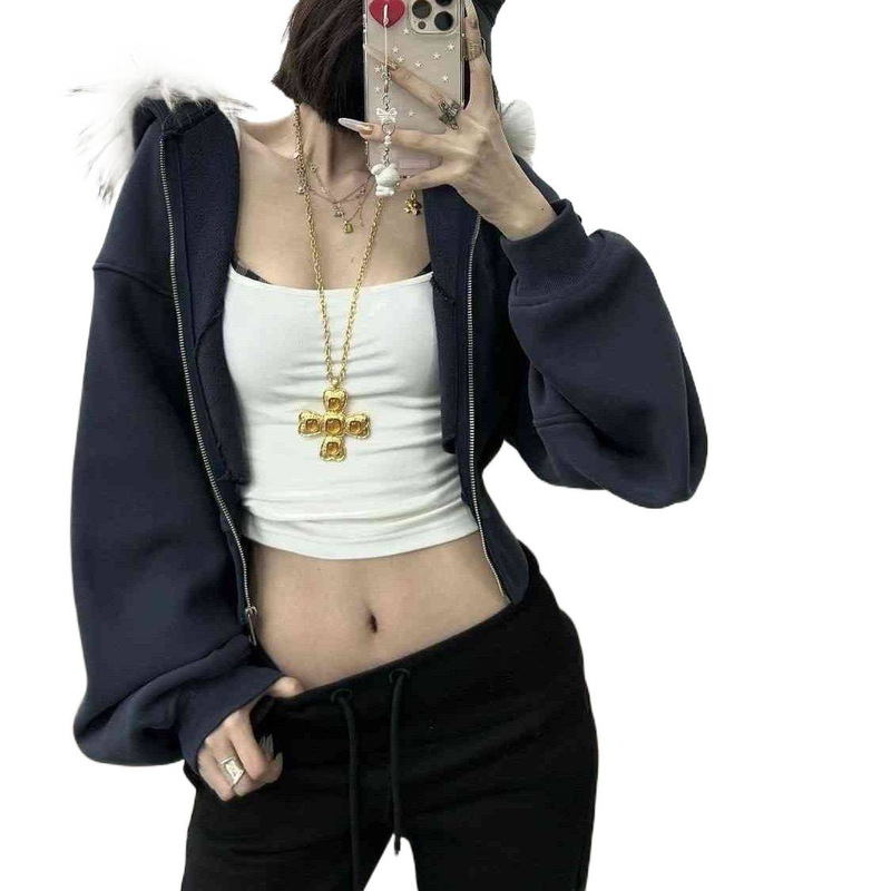 藏蓝毛领短款拉链连帽卫衣秋冬季设计感衣开衫外套女|undefined