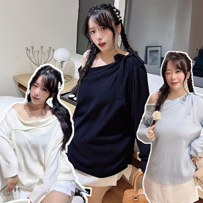 55011 Long-Sleeved Knitwear Autum New Elegant Lace-Up Slanted Shoulder Off-Shoulder Pure Lust Style Large Size Slim Bottoming Shirt