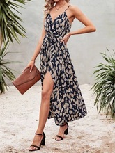 2022跨境潮流女装WISH独立站性感印花裹身下摆束带吊带背心连衣裙