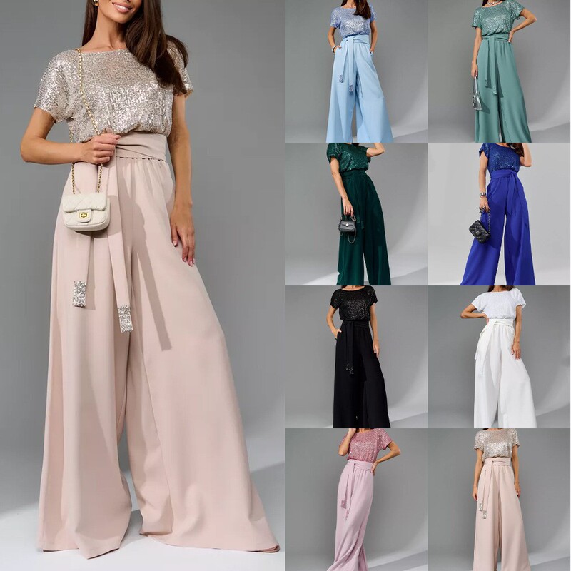 2026 Spring New Cross-Border Amazon Foreign Trade European and American Style Sequined Fashion Short-Sleeve Casual Jumpsuit Long Pants 2026 Spring New Cross-Border Amazon Foreign Trade European and American Style Sequined Fashion Short-Sleeve Casual Jumpsuit Long Pants