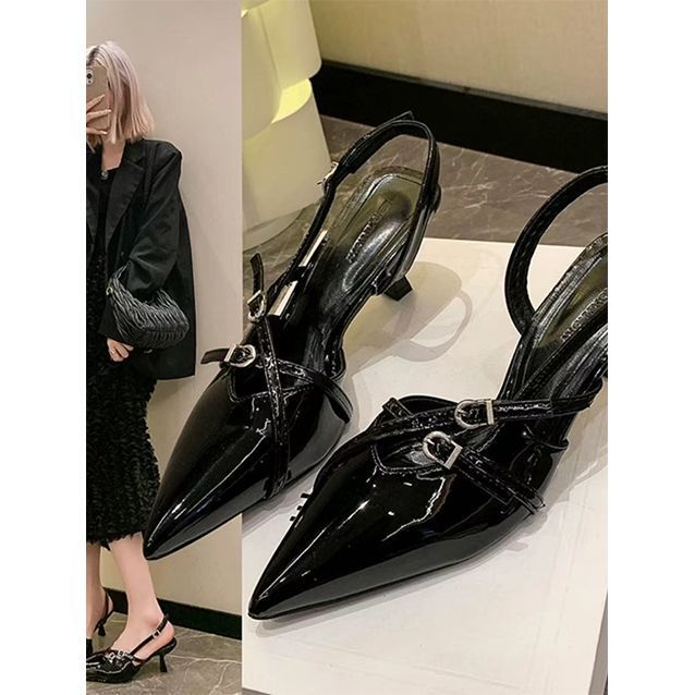 Pointed Kitten Heel Black High Heels 2025 Summer New Design Niche Cut Out Sexy Metal Style Toe-Cap Sandals