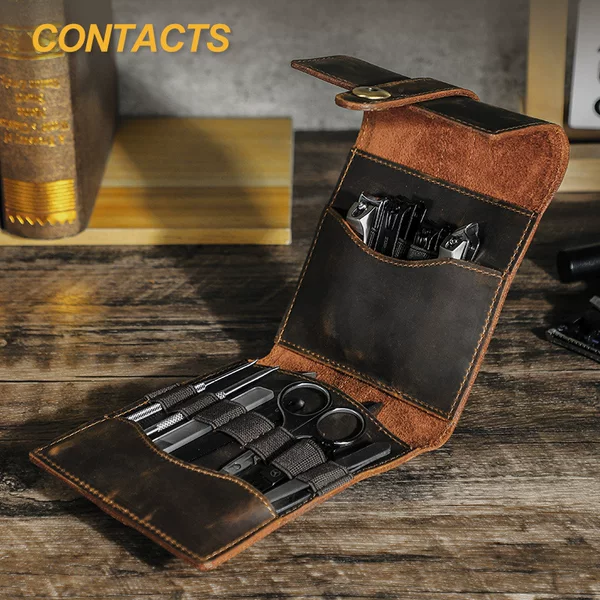 Black Angel Retro Crazy Horse Cowhide Handmade Travel Portable Manicure Tool Storage Bag Beauty Pliers Manicure Set