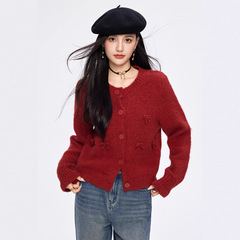 气质红色小香风蝴蝶结针织开衫毛衣女2025秋季款圆领长袖漂亮上衣