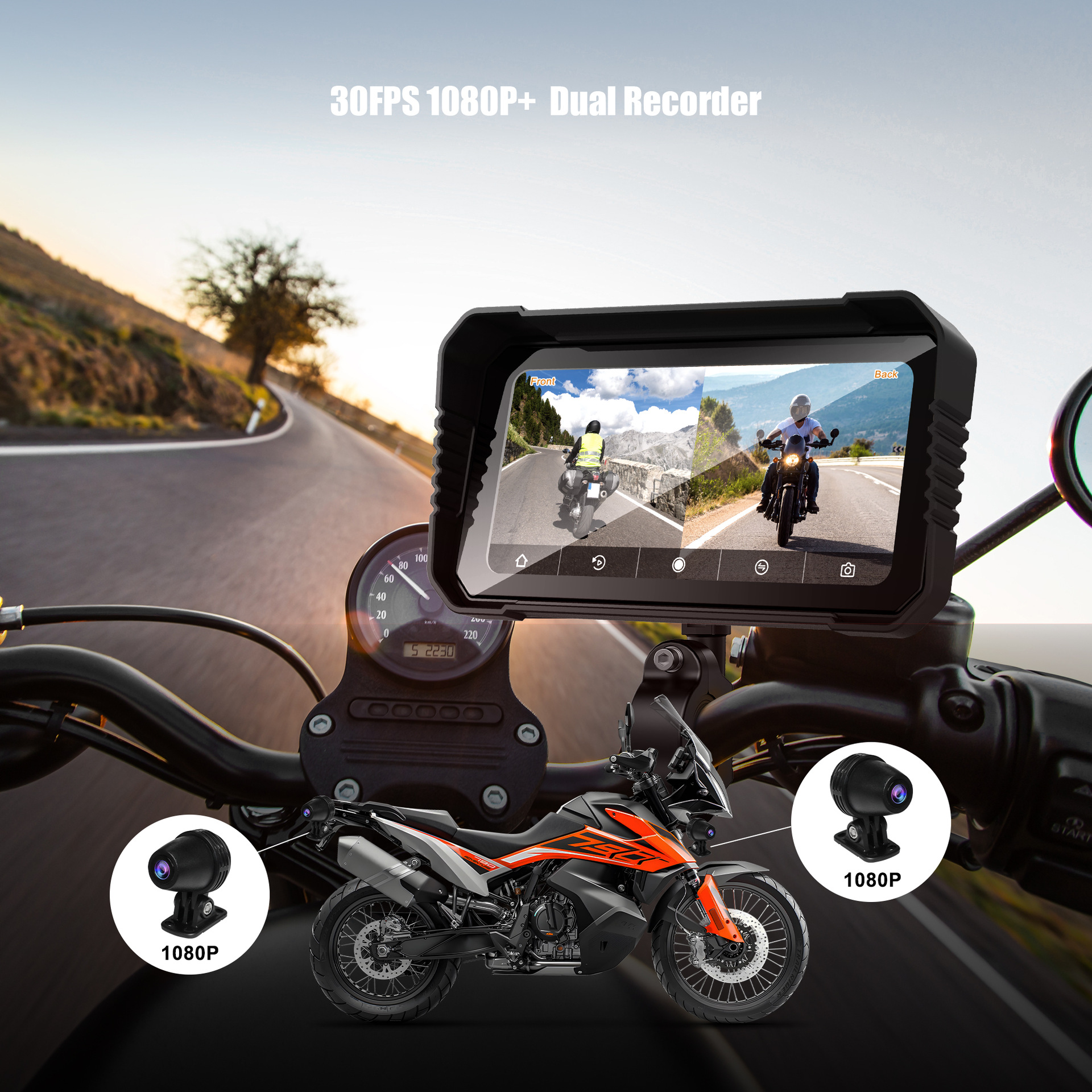 7inch Motorcycle Dashcam with Front and Rear Dual Lenses, High-Definition Carplay Motorcycle Navigation Recorder