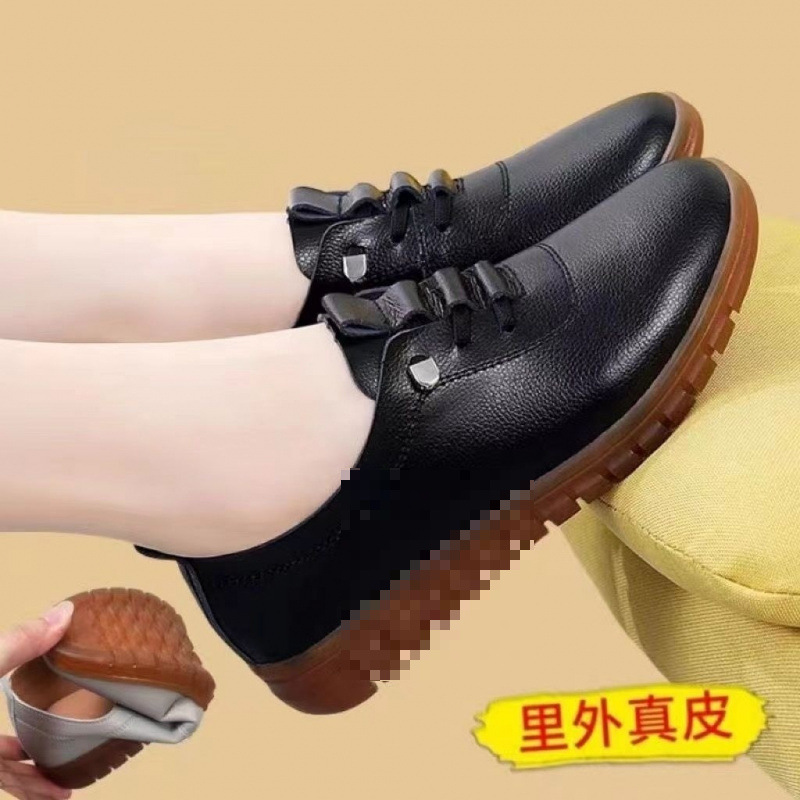 2024 새로운 소프트 가죽 쇠고기 텐더 소프트 하단 플랫 슈즈 캐주얼 가죽 신발 올매치 중년 및 노인 어머니 신발 작업 커버 HF