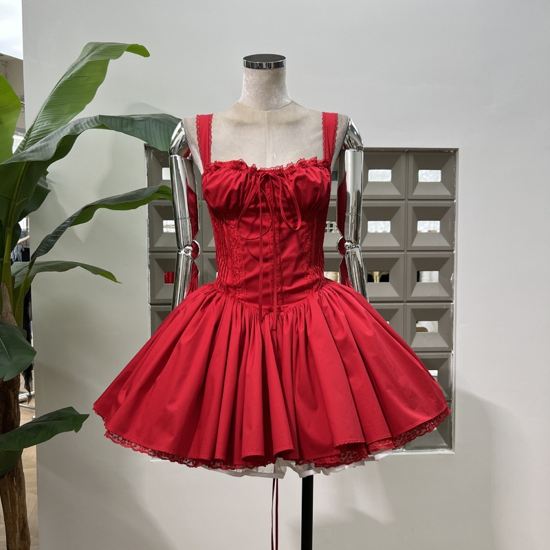 Amazon Girl Sweet Summer 2025 新しいスタイルのレースアップウエストオルガンプリーツバレエスタイルドーパミンドレス|undefined