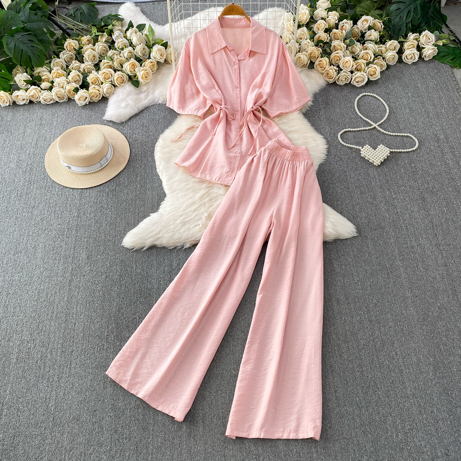 High-Waisted Slimming Collared Shirt with Side Ties And Wide Leg Trousers Women's Outfit Casual Style Set_ecoleips.com