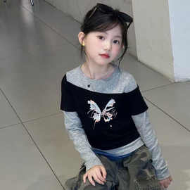 外贸童装假两件套打底纯棉韩版新款洋气学生女童休闲上衣长袖体恤