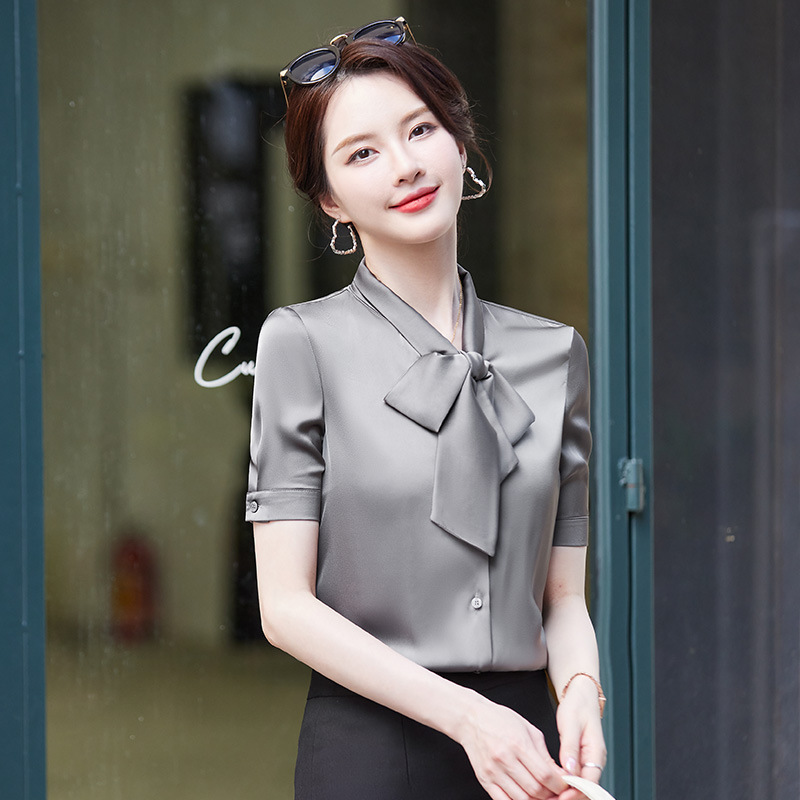 Summer Short-sleeved Chiffon Shirt Women's Slim-fit Slimming Bow White Professional Shirt High-end Elegant Socialite Top