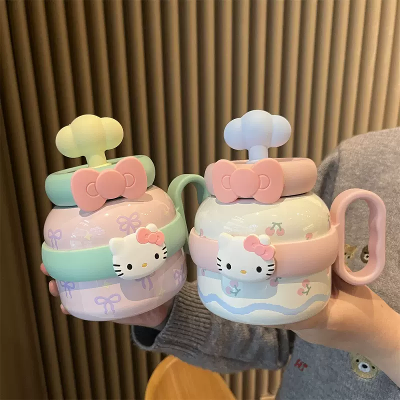 陶瓷内胆大肚保温杯大容量桌面杯子便携把手款带吸管女生云朵水杯