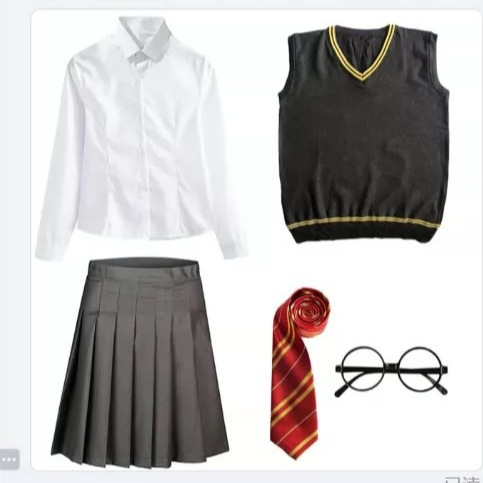 Harry Potter Hermione Clothes Shirt Skirt Vest Tie Glasses Uniform Pleated Long-Sleeved Vest