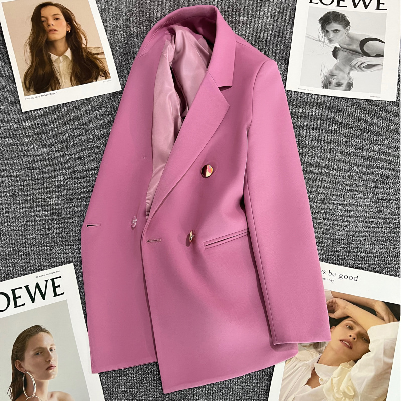 紫粉色金属扣西装外套女2022年秋季新款英伦风设计感双排扣西服潮