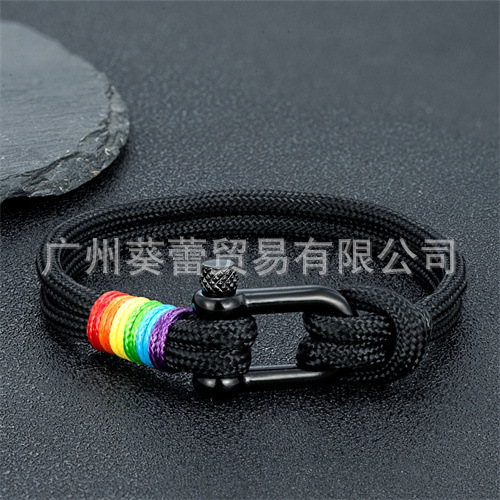 Cross-Border Popular Stainless Steel U-Buckle Screw Rainbow Bracelet Black Paracord Double-Layer Couple Versatile Bracelet Factory Direct