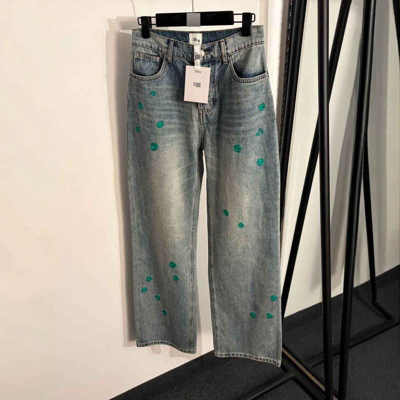 Nanyou High-End Cross-Border Foreign Trade Original Label Dio New Fashion Four-Leaf Clover Embroidered High-Waisted Straight-Leg Denim Pants
