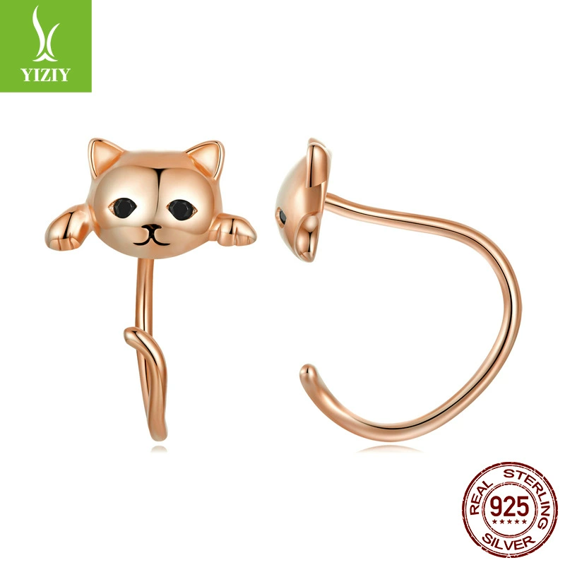 Серьги и кольцо (YIZIY) 925 стерлингов серебро с котом мотивом, окисленная/циркония/эмаль, варианты маленькие и большие
