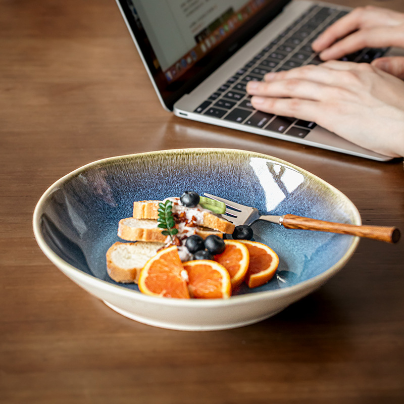 Yunmeng textura super buena 9 pulgadas irregulares plato de ensalada de cerámica profunda de lujo ligero restaurante plato de platos grandes exportaciones transfronterizas