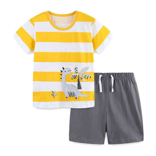 24 European and American children's summer set, boy's knitted cotton dinosaur embroidered patchwork two-piece set, middle child fashion set