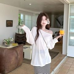 夏季防晒衣服女新款白色罩衫宽松微透冰丝薄款慵懒风长袖T恤上衣