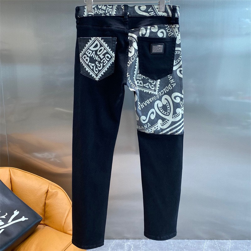 European and American Trendy Brand Personalized Letter Printed Jeans Washed Men's Elastic Slim Straight Legs Versatile Spring and Summer Pants