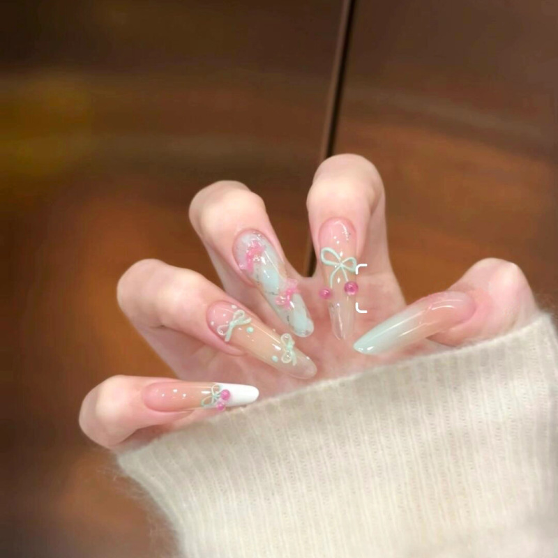 10-Piece Set of Handmade Nail Stickers for Spring Girls, Ins Sweet Guava Candy Bow Dopamine Nail Art