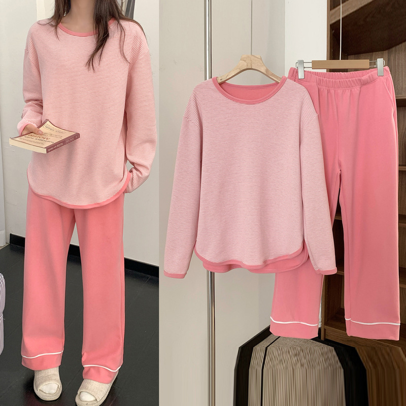Silk Wool Velvet Stripesd Long-Sleeved Home Wear Suit for Women Winter Loose Large Size Casual Warm Pajamas Two-Piece Set
