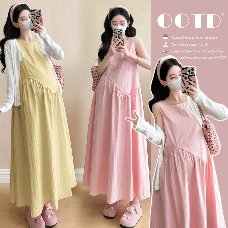 Pregnant women's summer fashion mom's new solid color simple temperament vest skirt two-piece pregnancy high-end dress