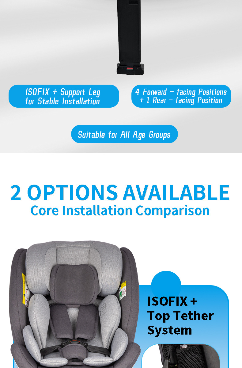 I-Size Certified Child Car Safety Seat for Babies Aged 0-12 Years 360 ° Rotating Isofix Support Leg
