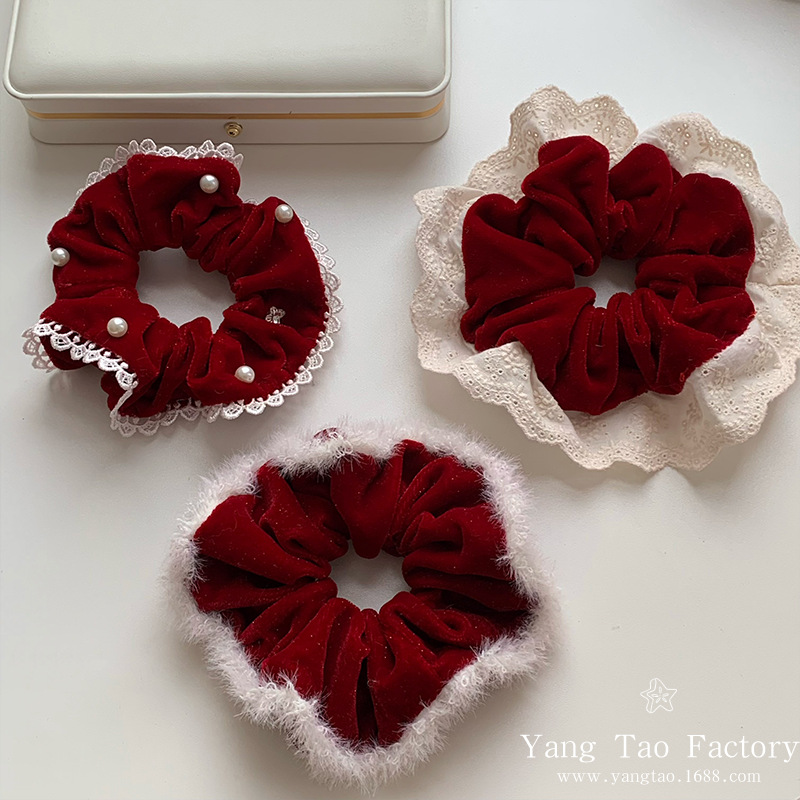 Año Nuevo coreano anillo de pelo de empalme rojo de encaje de encaje femenino de alta calidad temperamento bajo joyas de pelo de cola de caballo