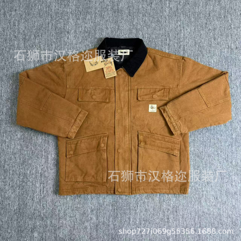 新款斯图重磅复古重工工装水洗加厚款翻领棉服夹克外套宽松|undefined