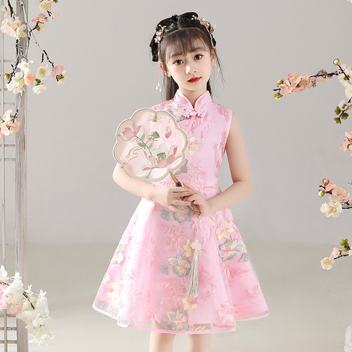 Red pink blue lace cheongsam dress girls Chinese qipao dress shirt girl cosplay tang suit hanfu  princess costumes dress 