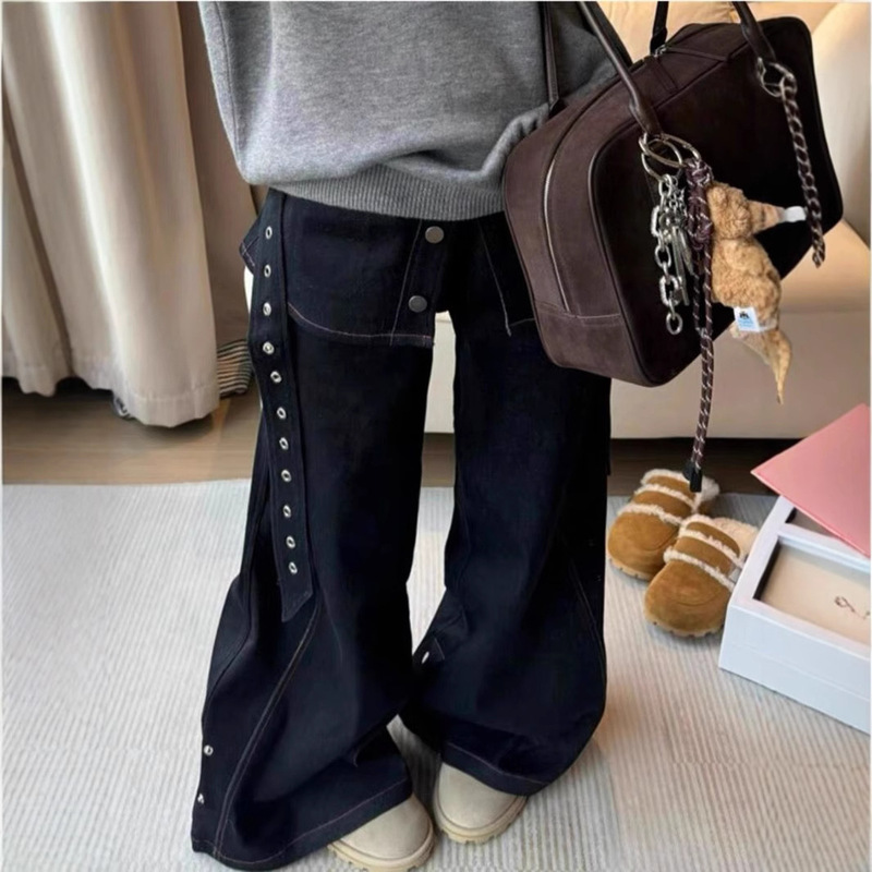 American-style High Street Fake Two-piece Nucking Two-wear Jeans Women's 2025 New Spring Loose Slimming Casual Wide-leg Pants