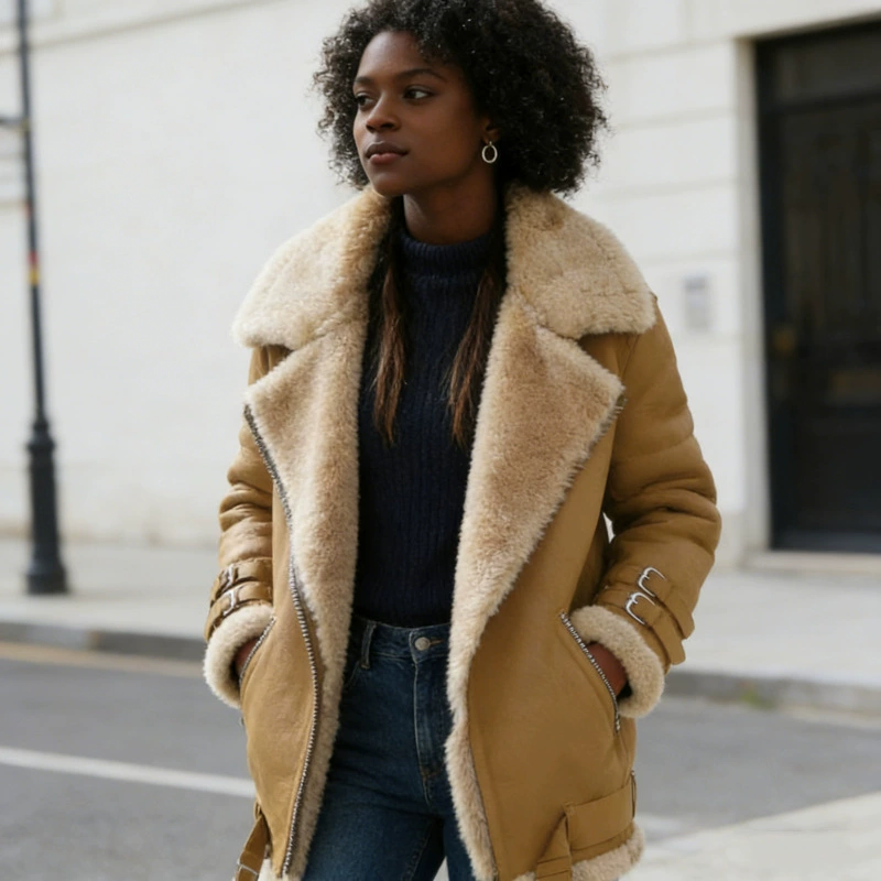 Shearling aviator jacket — lamb‑fur lined leather motorcycle coat, warm winter shearling, sizes S–XXXL