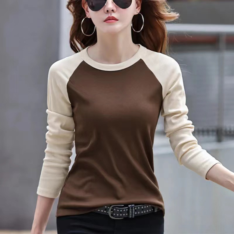 De velvet round neck long-sleeved T-shirt for women autumn and winter new double-sided velvet contrast color slim bottoming shirt inner warm top