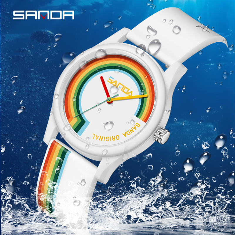 Reloj electrónico de silicona de malla de arco iris Sanda para estudiantes de secundaria hombres y mujeres de moda minimalista reloj de pareja impermeable de moda