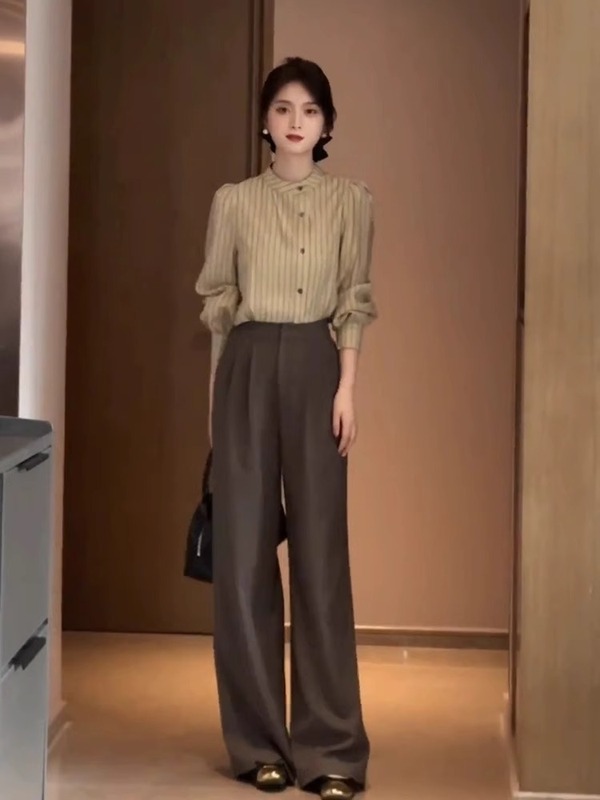 盐系轻熟高级感时尚休闲卡其色衬衫阔腿裤子两件套装职业女装秋季|undefined