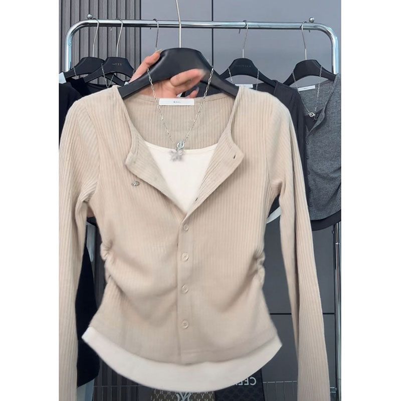 가짜 투피스 긴팔 티셔츠 여성용 2024 년 새로운 아메리칸 스타일 레트로 슬리밍 스파이스 걸탑 옷 슬림핏 내베이스 셔츠