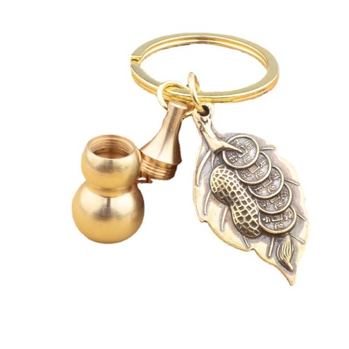 一叶暴富树叶黄铜葫芦钥匙扣金钱袋钥匙链情侣创意小礼品厂家