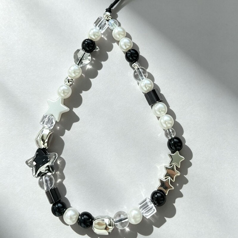 Black and white contrasting color beaded phone chain, CCD chain camera pendant, universal phone accessory, anti-lost wrist strap