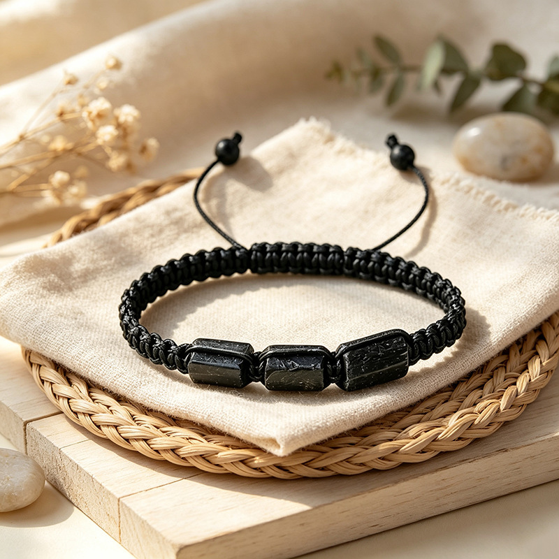 New European and American style black tourmaline bracelet, hand-woven with phosphate mineral beads in a cylindrical, flat-knot design, suitable for both men and women