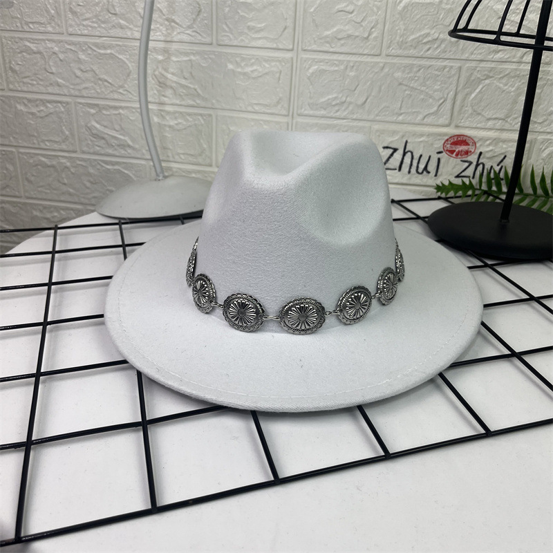 Sombrero de lana europeo y americano sombrero de fieltro de estilo británico decoración de cadena ovalada AliExpress sombrero de jazz borde plano sombrero superior para hombres