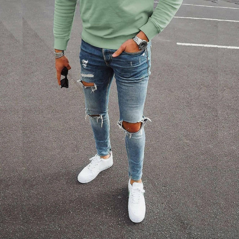 Men's stretch jeans trend Ripped knee skinny denim pants_voghion.com