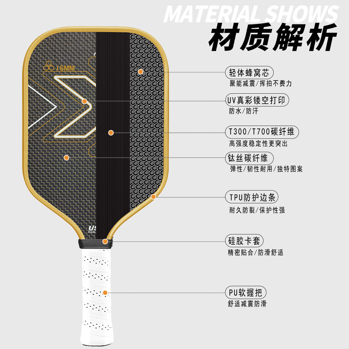 Titanium Pickleball Paddle with Carbon Fiber Hot and Cold Press Process, Pp Honeycomb Board, High Friction Fabric Surface Pickleball Paddle