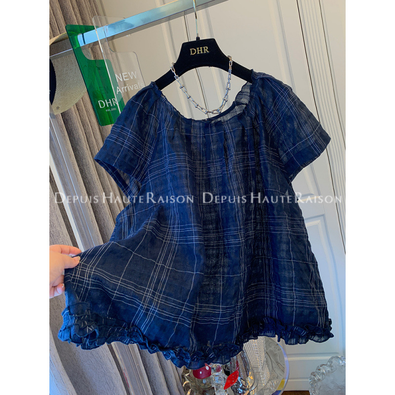 French Lace Round Neck Plaid Thin Short-Sleeved Shirt for Women Summer New Loose Slimming Age-Reducing Shirt Trendy Top