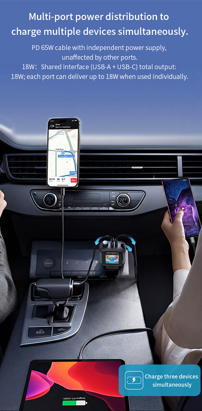 Car-mounted color display screen Bluetooth FM transmitter hands-free calling PD65W fast charging charger MP3 player