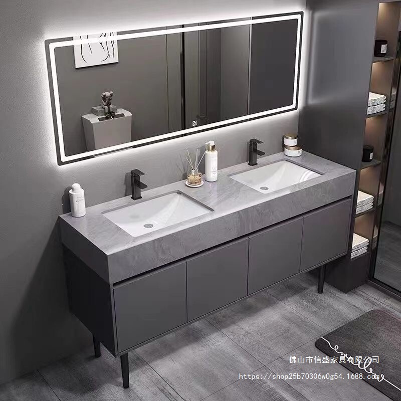 Double basin bathroom cabinet | Floor-standing artificial stone combination | Minimalist design | Suitable for public bathrooms Double basin bathroom cabinet | Floor-standing artificial stone combination | Minimalist design | Suitable for public bathrooms
