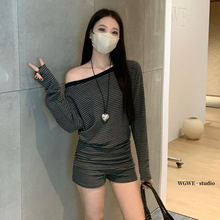 清仓不退换 复古百搭斜肩长袖上衣+休闲抽绳短裤两件套装女W7500